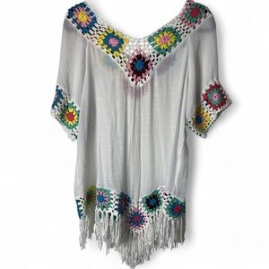 India Boutique Women's Crochet Trim Boho Fringe Tunic Granny Square Coverup Sz M